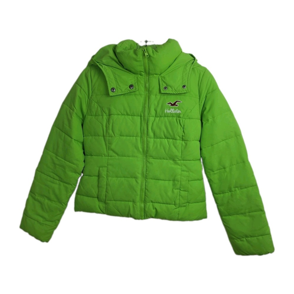 Hollister Full-zip Puffer Coat Women's S Lime Green Hooded Fleece-Lined Filled